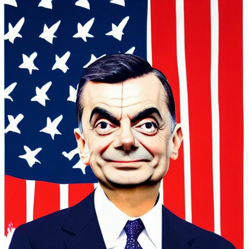 Image similar to Official US president portrait of Mr Bean, white house, USA flag