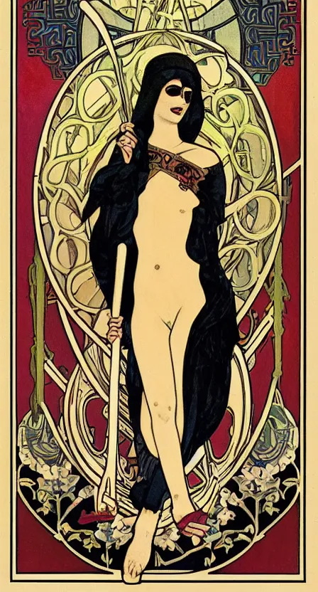 Image similar to an art deco tarot card of the grim reaper with a scythe, digital painting by tamara de lempika and an elegant border by alphonse mucha.