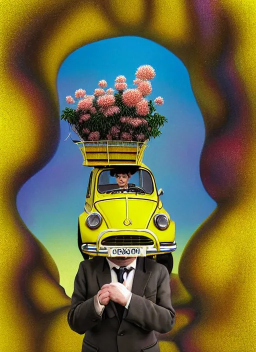 Image similar to hyper detailed 3d render like a Oil painting muted colors - slightly silly portrait of Rowan Atkinson cross eyed as Mr. Bean atop his yellow beetle in Aurora seen tickling of the Strangling network of yellowcake aerochrome and milky Fruit and Her delicate Hands hold of gossamer polyp blossoms bring iridescent fungal flowers whose spores black the foolish stars by Jacek Yerka, Mariusz Lewandowski, Houdini algorithmic generative render, Abstract brush strokes, Masterpiece, Edward Hopper and James Gilleard, Zdzislaw Beksinski, Nicoletta Ceccoli, Wolfgang Lettl, hints of Yayoi Kasuma, octane render, 8k