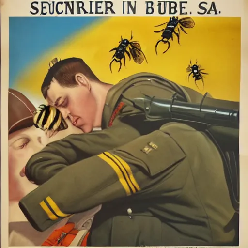Prompt: a sleeping soldier is stung by a bumblebee, ww 2 allied propaganda poster, no text, highly detailed