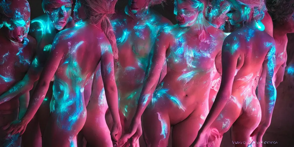 Image similar to love, translucent people with glowing body paint, from behind, rebirth, wide angle, cinematic atmosphere, elaborate, highly detailed, dramatic lighting