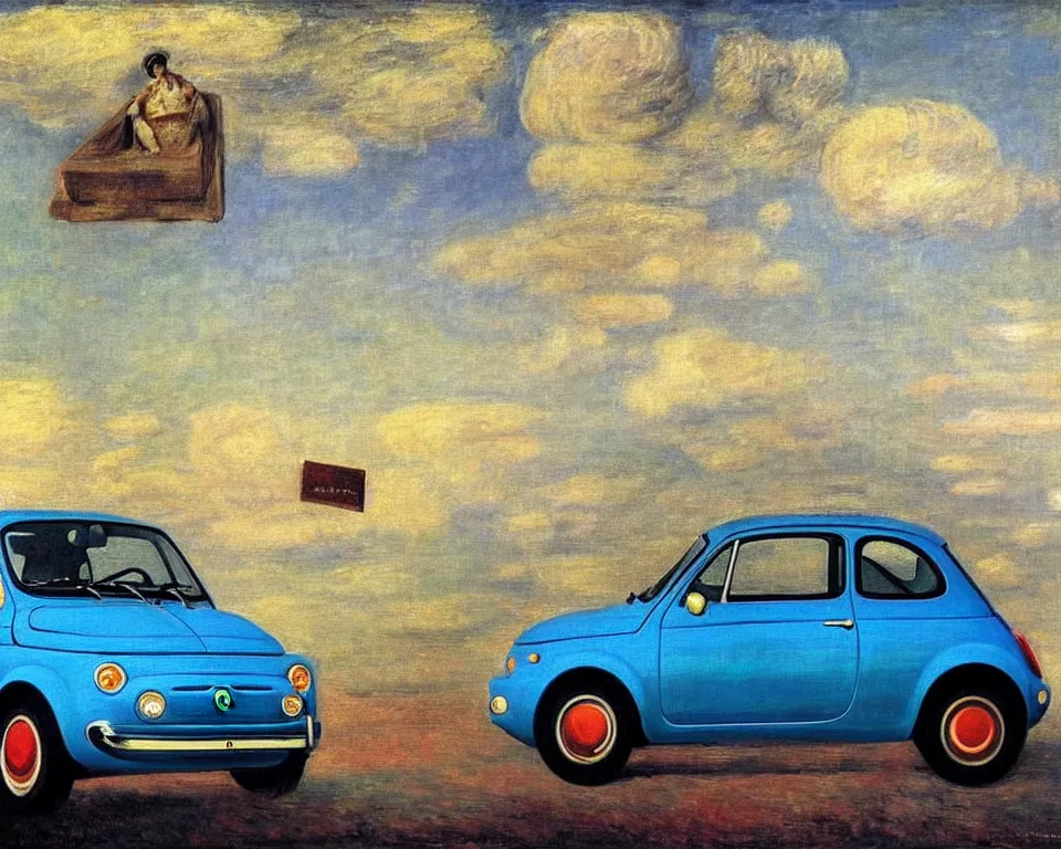 Image similar to achingly beautiful painting of a fiat 5 0 0 abarth by rene magritte, monet, and turner. whimsical.