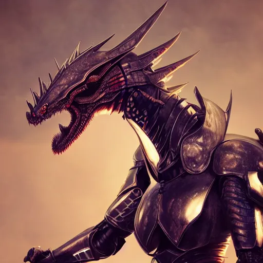 Image similar to stunning close shot of a beautiful female knight, but as an anthropomorphic female dragon, well designed cute elegant female robot dragon head with slick LED eyes and perfect maw, well armored, sharp claws, HD octane render, fantasy, furry art, dragon art, Artstation, Deviantart, Furaffinity