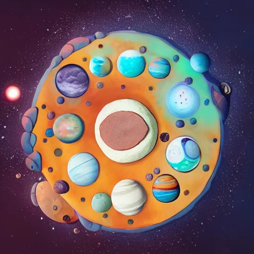 Image similar to A cake with all planets on it, behance, artstation