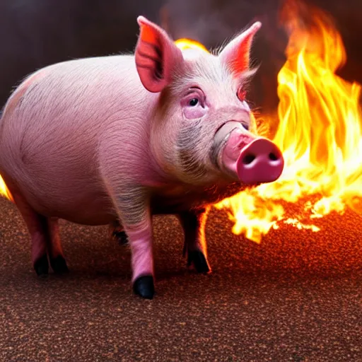 Image similar to Live Action Still of an isolated pig blowing fire fire, real life, hyperrealistic, ultra realistic, realistic, highly detailed, epic, HD quality, 8k resolution, body and headshot, Exquisite detail, post-processing, masterpiece, Cinematic Lighting, Unreal Engine, 8k, HD, white background