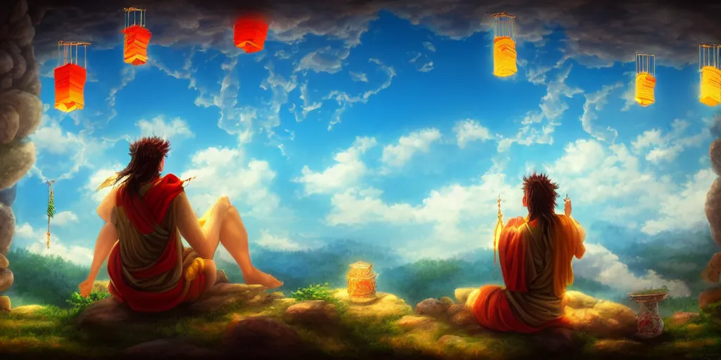 Image similar to painting of wind god enjoying the view from his stone heavenly palace, decorated with windchimes and paper lanterns, nature and clouds in background, digital art, trending on artstation