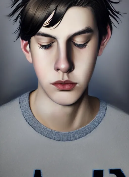 Image similar to portrait of teenage jughead jones wearing a light grey crown, photorealistic, crown, eyes closed, crown, black hair, sweater with letter s on it, letter s, intricate, elegant, glowing lights, highly detailed, digital painting, artstation, concept art, smooth, sharp focus, illustration, art by wlop, mars ravelo and greg rutkowski