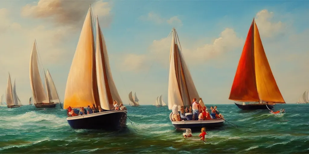 Image similar to beautiful oil painting of a family sailing on a very big luxurious sailboat in the Netherlands, happy