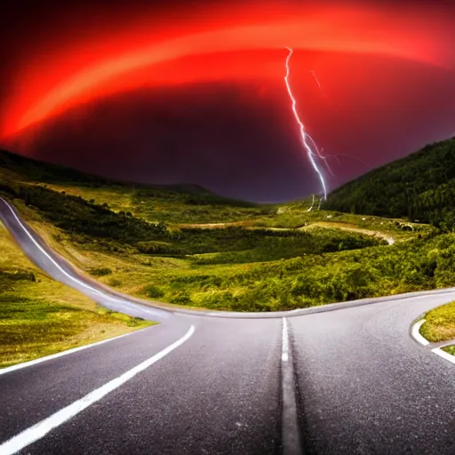 Image similar to nightmarish creatures rushing towards black pontiac firebird trans - am driving towards the camera, norway mountains, valley, large lake, dynamic, cinematic, motionblur, volumetric lighting, wide shot, low angle, red glow in sky, large lightning storm, thunder storm