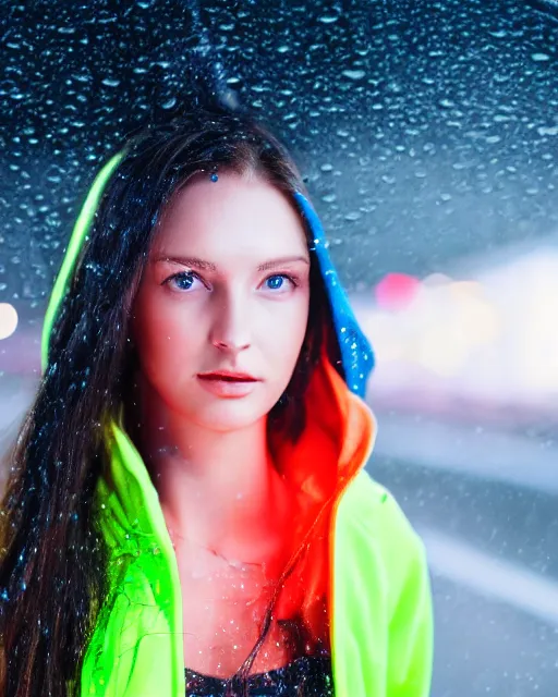 Prompt: a closeup portrait of as beautiful young woman wearing a transparent hoody standing in the middle of a busy night road, raining with lots on neon lights on the background