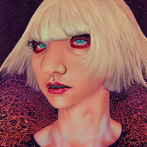 Image similar to portrait of crazy beautiful singer sia kate isobelle furler, ymmetrical, by yoichi hatakenaka, masamune shirow, josan gonzales and dan mumford, ayami kojima, takato yamamoto, barclay shaw, karol bak, yukito kishiro