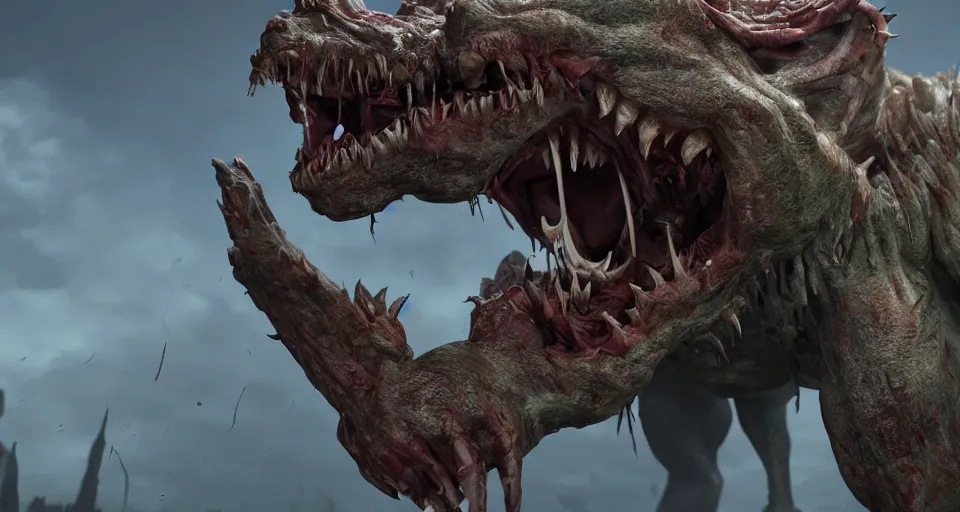 Prompt: a grotesque and malformed monster with an unhinged jaw and mouth full of teeth, crawling across the ground, high quality, unreal engine, octane render, natural light outside, animated horror still