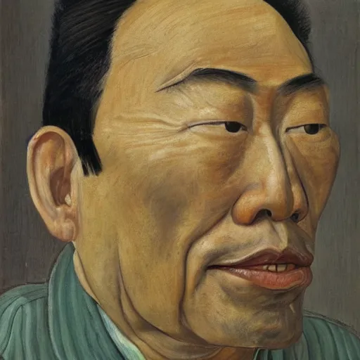 Prompt: detailed portrait of an asian american man in his 3 0 s, by lucian freud, francis bacon, grant wood