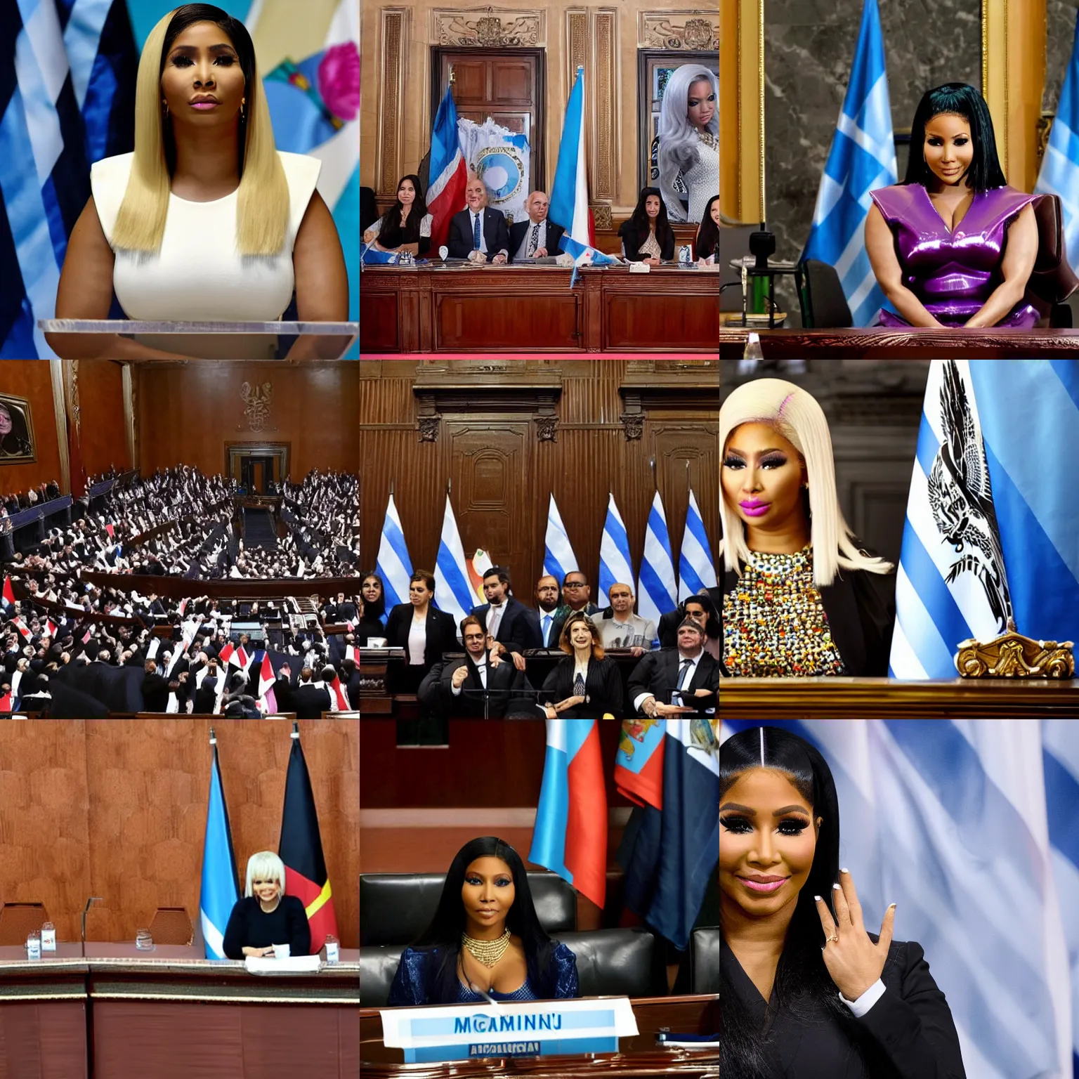 Image similar to Nicki Minaj president of Argentina, in the Argentine Congress, flags of Argentina behind, detailed picture