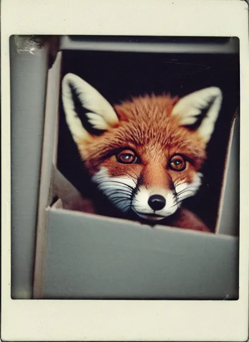 Image similar to faded polaroid photo of curious baby fox inside a cardboard box on a truck trailer