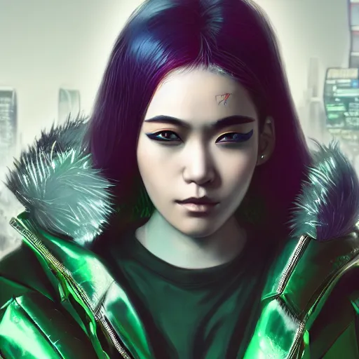 Prompt: young Asian Cyberpunk woman with green hair standing in front of a city, Close up portrait, wearing a leather jacket, hyperdetailed, artstation, cgsociety, 8k