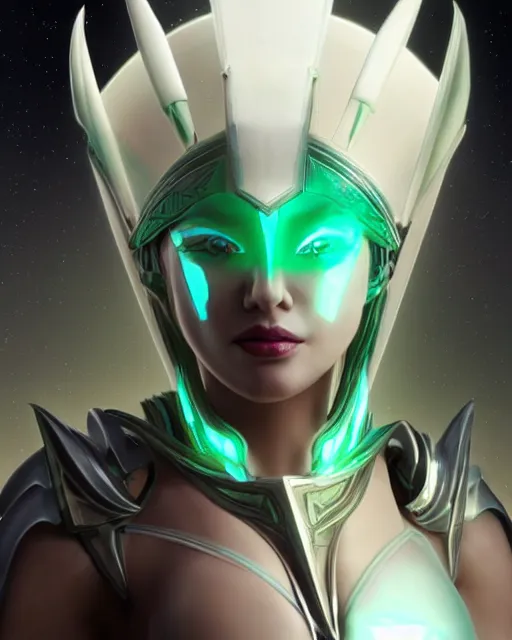 Image similar to perfect white haired attractive egyptian goddess, warframe armor, pharaoh headdress, beautiful, symmetric, dreamy, half asian, pretty face, green eyes, charlize theron, detailed, scifi platform, laboratory, experiment, 4 k, ultra realistic, epic lighting, android body, illuminated, cinematic, masterpiece, art by akihito tsukushi, voidstar