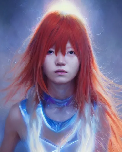 Image similar to asuka langley, award winning photograph, radiant flares, realism, lens flare, intricate, various refining methods, micro macro autofocus, evil realm magic painting vibes, hyperrealistic painting by michael komarck - daniel dos santos