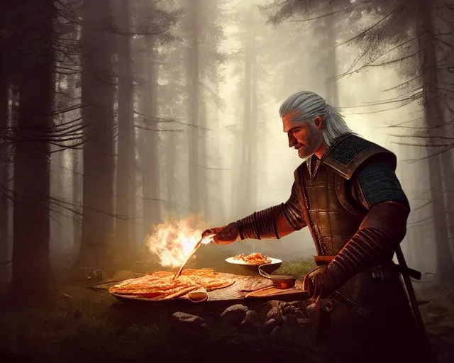 Image similar to 5 5 mm portrait photo of geralt of rivia serving doner kebab, in a magical forest. dark atmosphere. art by greg rutkowski. highly detailed 8 k. intricate. lifelike. soft light. nikon d 8 5 0.