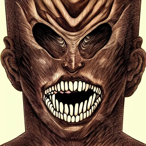 Image similar to a dark brown humanoid, hyper detailed, in the style of junji ito and and junji ito and junji ito, selfie