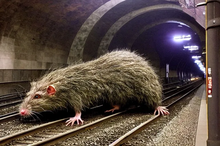 Image similar to very large giant mutant zombie irradiated ( angry rat ) staying on railways in tonnel of moscow subway. tonnel, railways, giant angry rat, furr, fangs, very realistic. extreme long shot, rusty colors, anish kapoor, ( herman nitsch, giger ).