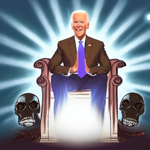 Prompt: Joe Biden with glowing lens flare eyes sitting on a throne made out of human skulls, oil painting