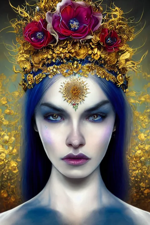 Prompt: a pale girl with white hair and sad blue piercing eyes, black orchid floral crown, distant expression , cinematic lighting, ultra detailed, sharp focus, golden background with white flowers, golden jewellery with blue and red sapphires, super realistic, 8k, art by artgerm and greg rutkowski and zdislav beksinski