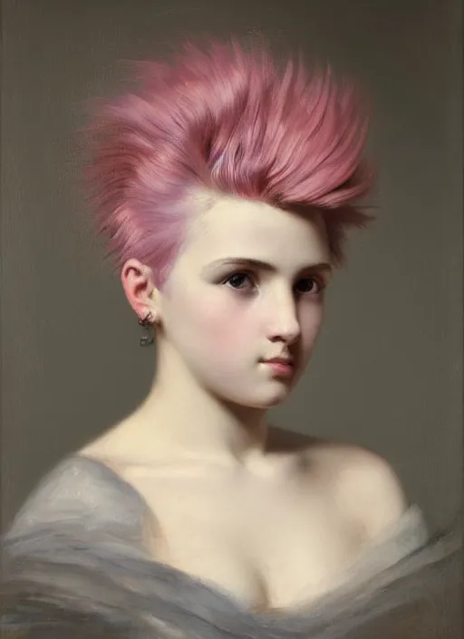 Prompt: a detailed portrait of teenager with a mohawk by edouard bisson, pink hair, punk rock, looking at the camera, oil painting, muted colours, soft lighting