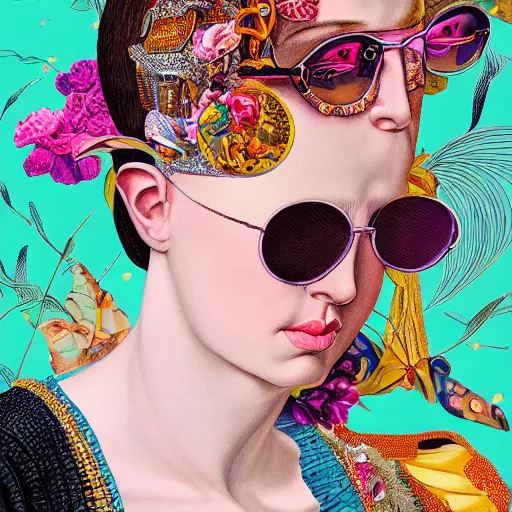 Prompt: detailed maximalist half-lenght portrait with elaborate interesting sunglasses. 8x HD mixed media 3D collage in the style of Caravaggio, hyperdetailed childbook illustration in vibrant pastel tones. colourful matte background no frames