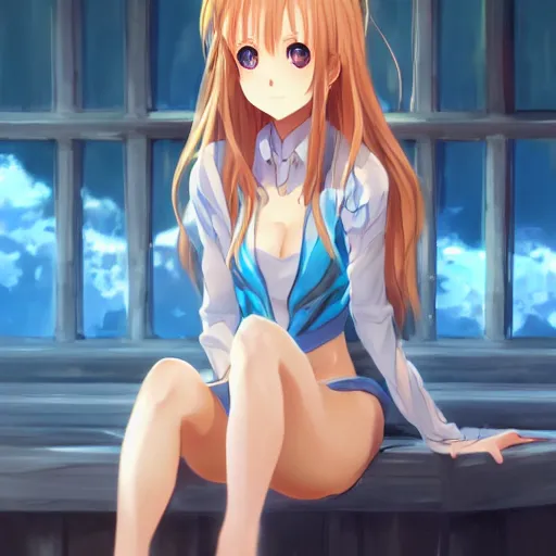 Image similar to a very beautiful young yuuki asuna, full body, long wavy blond hair, sky blue eyes, full round face,, shiny golden bikini, miniskirt, front shot, sitting in a dark prison cell, highly detailed, cinematic wallpaper by stanley artgerm lau