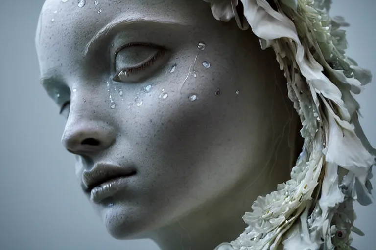 Image similar to the long shot of sculpture of a beautiful woman with flowing tears, fractal flowers on the skin, intricate, a marble sculpture by nicola samori, behance, neo - expressionism, marble sculpture, made of mist, still frame from the prometheus movie by ridley scott with cinematogrophy of christopher doyle, arri alexa, anamorphic bokeh, 8 k