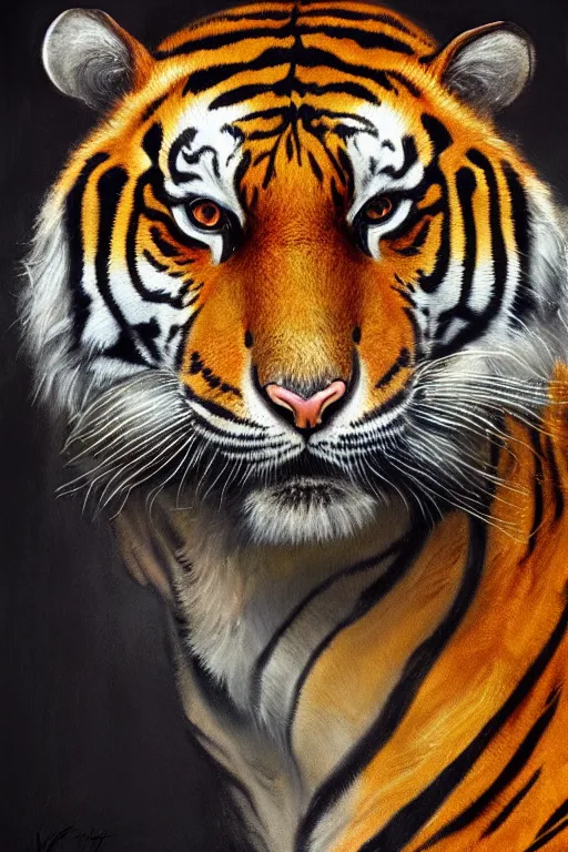 Image similar to an oil painting portrait of a tiger wearing medieval royal robe and an ornate crown on a dark background, digital Art, concept Art, highly detailed, 3-D 4K, trending on art station, Award winning, Mark Brooks