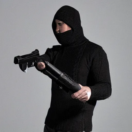 Prompt: A man in a black turtleneck sweater with a gun equiped with a suppressor in his hand