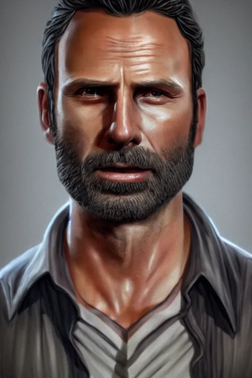 Image similar to portrait art of rick grimes 8 k ultra realistic, digital art, character portrait, highly detailed, trending on artstation, lens flare, atmosphere, hyper realistic, cinematic lightning, sharp focus, unreal engine 5, extreme details perfect face, pretty face, fine - face, illustration, 8 k, ultra texture, masterpiece