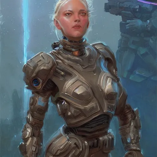 Prompt: Female space soldier in the year 3000, closeup character art by Donato Giancola, Craig Mullins, digital art, trending on artstation