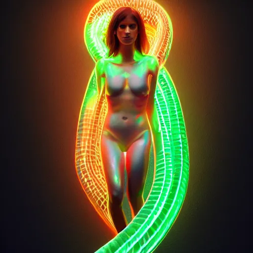 Image similar to a human form, made of pure digital light, encircled by a giant iridescent serpent, hyper detailed, ultra fine colored inking lines, arnold render, 4 k extremely photorealistic