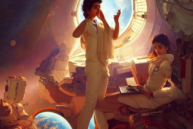 Image similar to Sensual good looking pale young Indian doctors wearing jeans in a space station above Earth, portrait, elegant, intricate, digital painting, artstation, concept art, smooth, sharp focus, illustration, art by artgerm and greg rutkowski and alphonse mucha