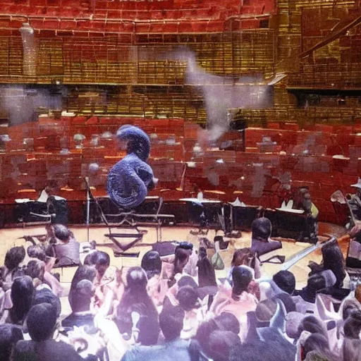 Image similar to a photo of a giant octopus playing grand piano in a concert hall