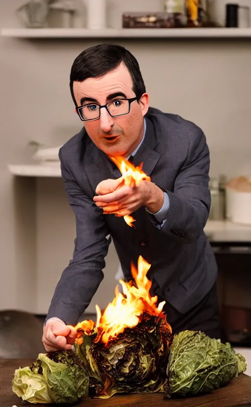 Image similar to john oliver setting fire to cabbage, photo