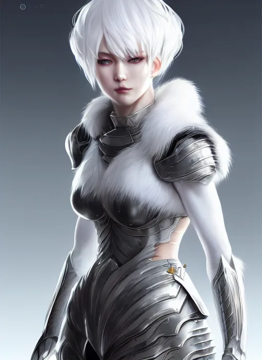 Image similar to fur - lined armor!!! beautiful and elegant white haired female!! gorgeous ayes!! character concept art, sharp focus, octane render! unreal engine 5! highly rendered!! trending on artstation!! detailed linework!! illustration by artgerm, wlop, and chie yoshii