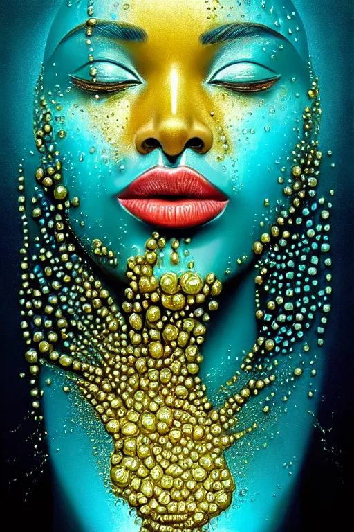 Image similar to hyperrealistic precisionist cinematic very expressive! oshun goddess, water mirror dripping droplet!, gold flowers, highly detailed face, digital art masterpiece, smooth eric zener cam de leon, dramatic pearlescent turquoise light on one side, low angle uhd 8 k, shallow depth of field