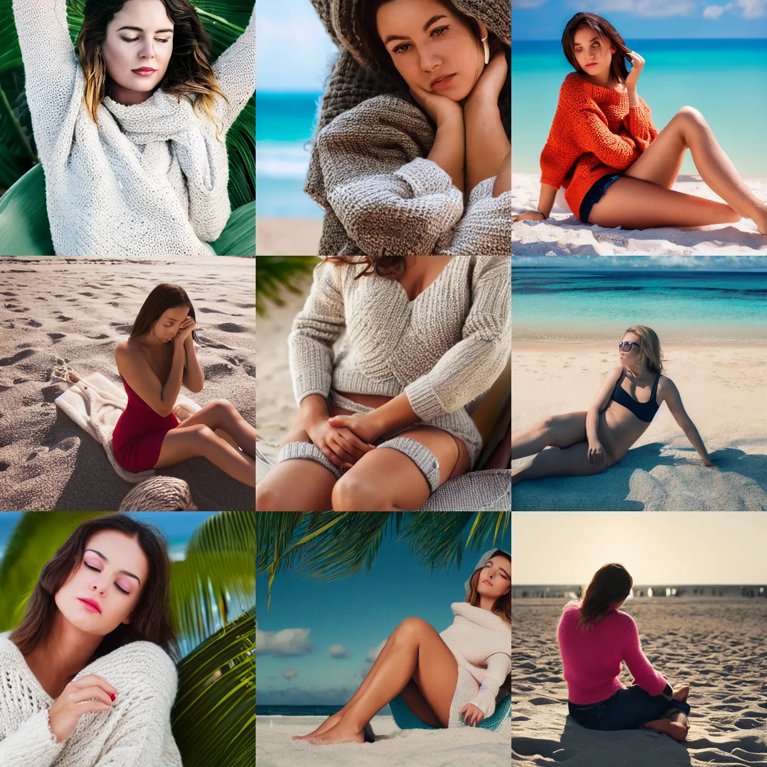 Prompt: a young woman wearing a thick knit sweater, she is shivering cold with her arms crossed close to her, in a lounge chair on a tropical beach in summer, glamour portrait, photorealistic, 4k, 8k