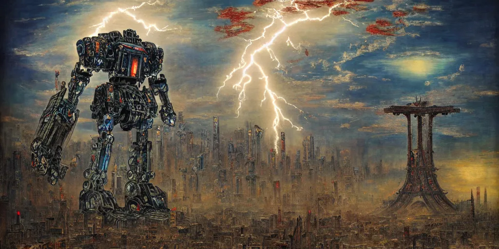 Prompt: Giant War Robot in the middle of Tokyo in style of Gustave Moreau. Symbolism, Detailed Art, 8K, Epic, Dynamic Lightning.