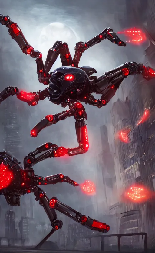 Image similar to a robot humanoid spider in a city, with 4 arms with claws, glowing red eyes, in a black carbon and red fiber armor, smiling creepily, dynamic lighting, photorealistic fantasy concept art, trending on art station, stunning visuals, creative, cinematic, ultra detailed