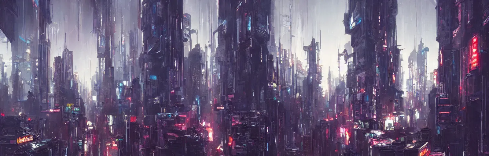 Image similar to a painting of a cyberpunk city trending on artstation in the style of greg rutkowski and banksy