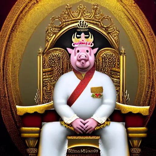 Prompt: isolated photo realistic of pig king on throne, realistic, award winning, cinematic