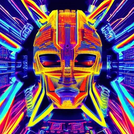 Prompt: hyperdetailed portrait of a spaced out cyberpunk aztec futurism robot head, 8 k, symetrical, flourescent colors, halluzinogenic, meditative, multicolored vector art, black background