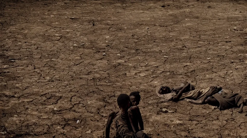 Prompt: 1984 Ethiopian famine and drought, moody, dark, movie scene, depth of field, hd, 4k