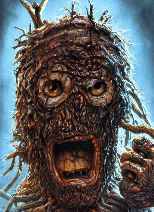 Image similar to portrait of Cookie Monster in Evil Dead (2013), highly detailed, centered, solid color background, digital painting, artstation, concept art, smooth, sharp focus, illustration, artgerm, donato giancola, Joseph Christian Leyendecker, Les Edwards, Ed Repka, WLOP