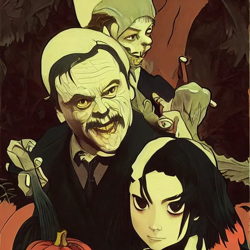 Prompt: steve buscemi fighting jack black, halloween night, finely illustrated pale mask, moon light, shrubs, highly detailed, colored pencil, gainax, tankobon, in the style of ilya kuvshinov and yoshiyuki sadamoto and william - adolphe bouguereau and alphonse mucha